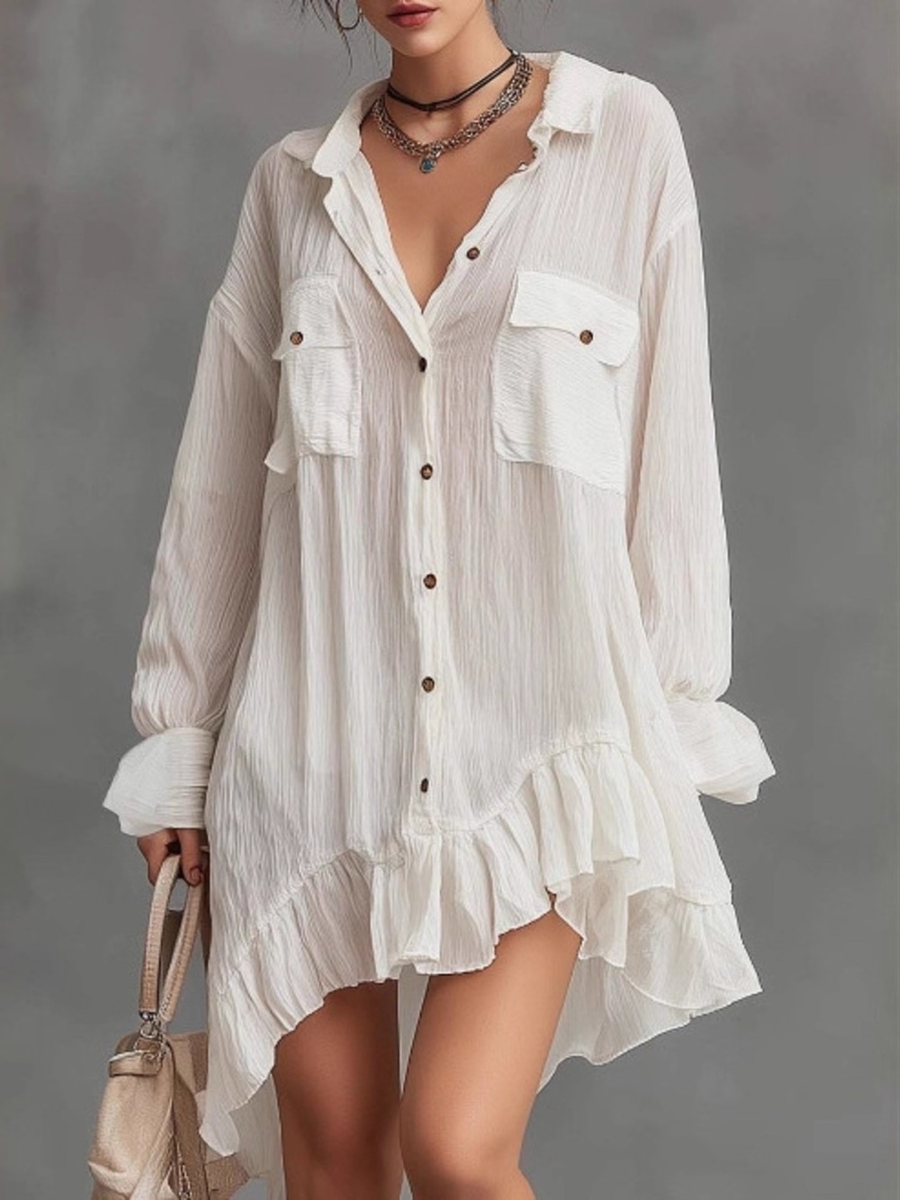 Full Size Button-Down Ruffle Hem Shirt Dress Plus Size